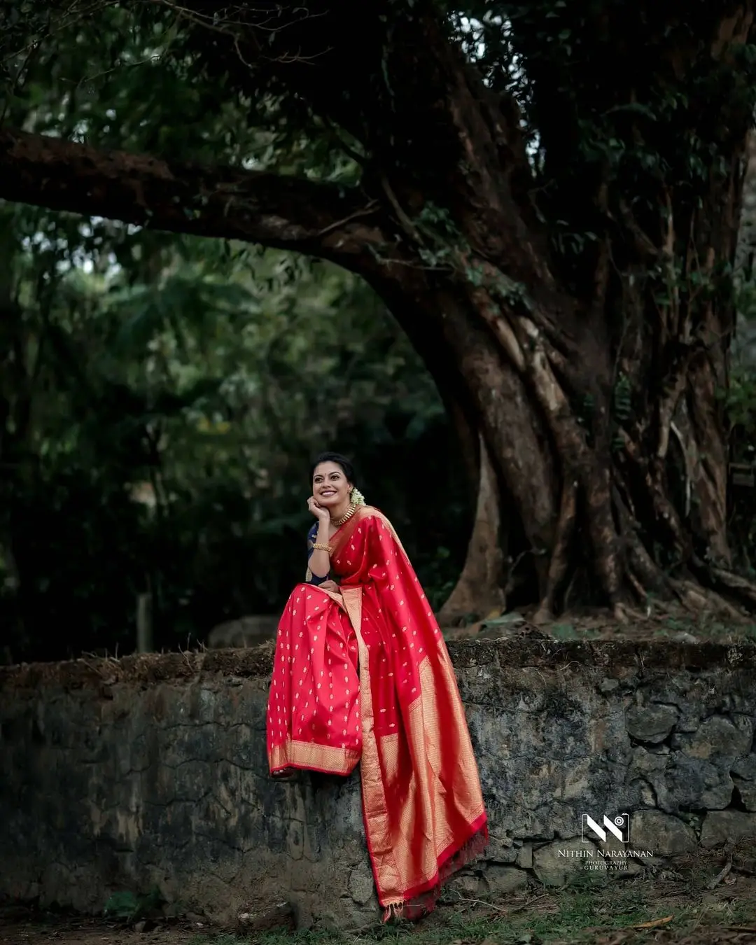 Anusree Nair in Beautiful Earrings Jewellery Red Saree Blue Blouse